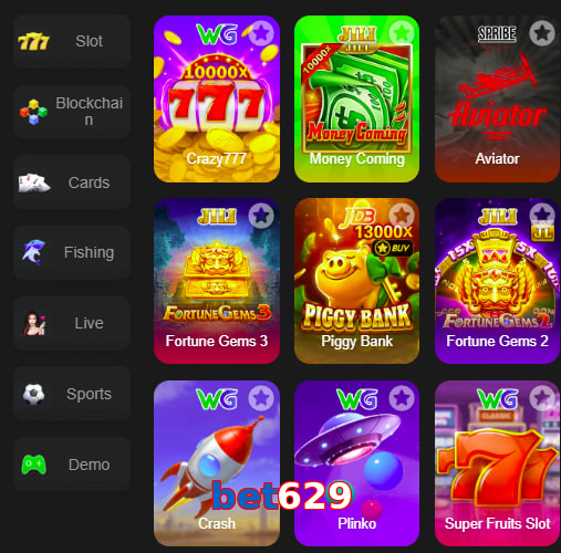 Main screen of Bet629 game page for PK players